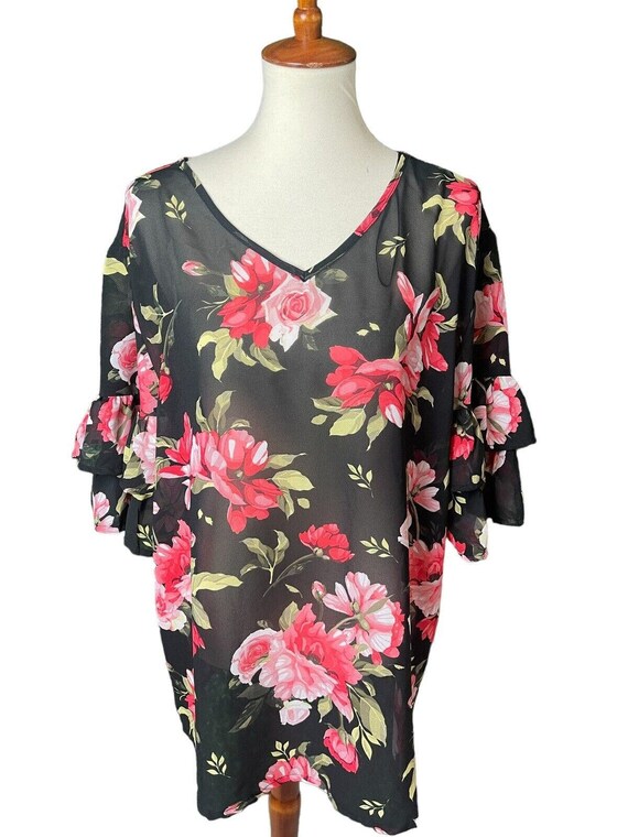 Alisha Chloe Black Floral Top Size 2X Ruffle Tiered Sleeves V neck Etsy UK