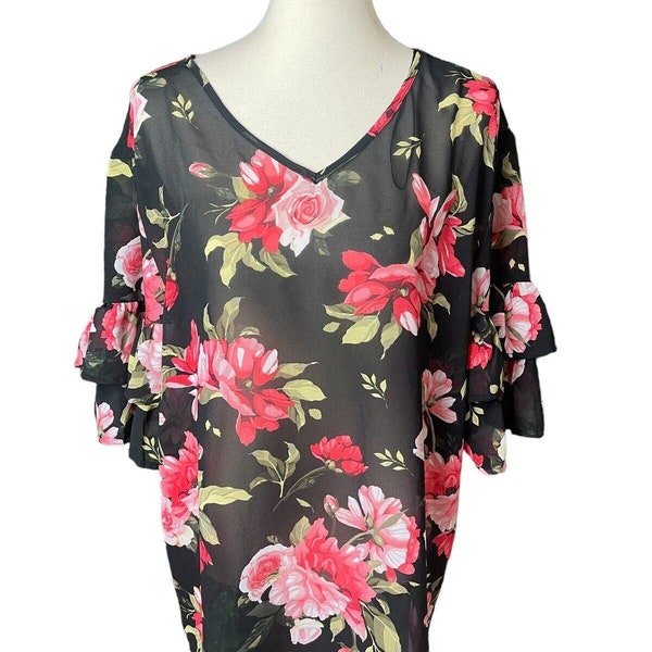 Alisha & Chloe Black Floral Top Size 2X Ruffle Tiered Sleeves V-Neck