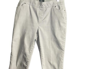 Pantalones capri grises Kim Rogers para mujer, talla 10P, bajo sin rematar, cintura elástica, algodón, estilo casual.