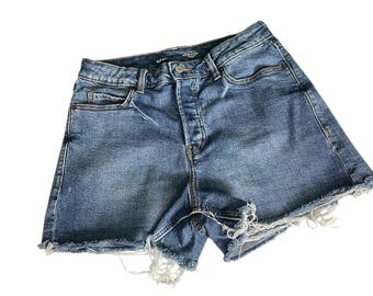 Y2K High Rise Denim Cutoff Shorts Distressed Blue Jean Shorts Size 10 Festival Summer Boho Casual
