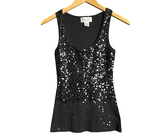 Vintage Y2K Black Sequins Tank Top Size Small Ribbed Back Glam Fairy Whimsy Goth