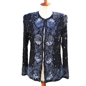 Vintage 80s Black Silk Sequin Jacket: Beaded Glam Cocktail Jacket, Size Large