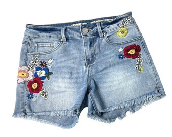 Boho Embroidered Jean Shorts Juniors 9 Blue Flowers Stretch Cut Offs