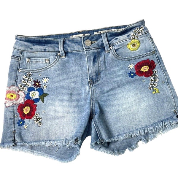 Boho Embroidered Jean Shorts Juniors 9 Blue Flowers Stretch Cut Offs