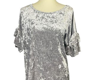 Gray Crushed Velvet Top Women's XXL Soft Shimmer Ruffle Sleeve Boho Chic