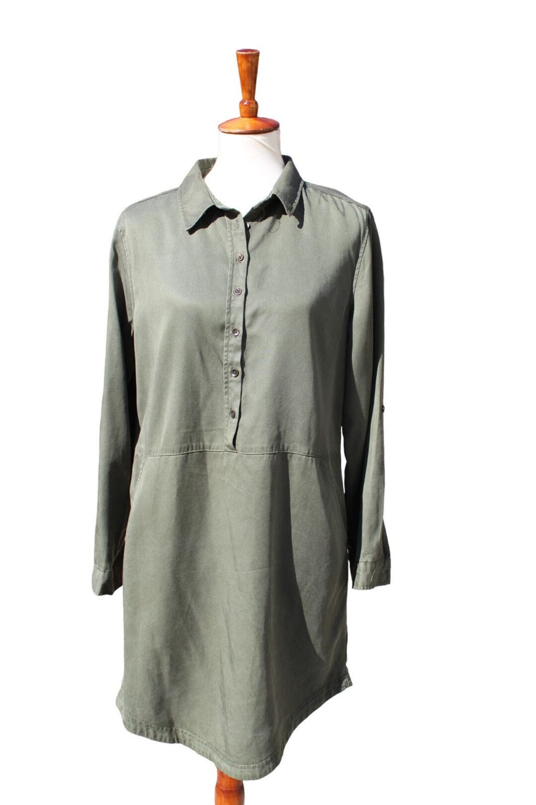 Olive Green Button Down Shirt Dress With Pockets Size Medium 8 10 Etsy