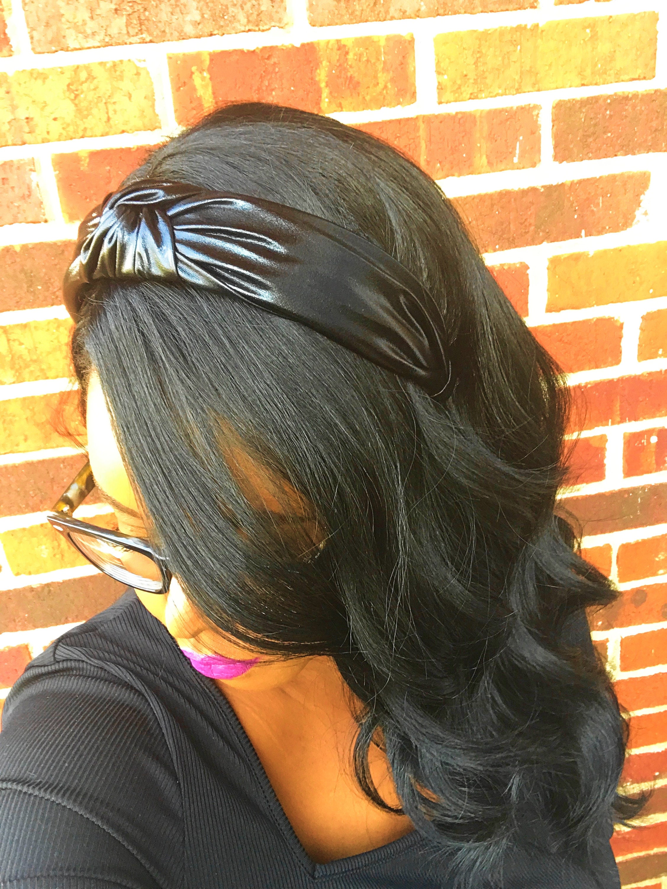 Black Metallic Knotted Headband Faux Leather Black Hair  display picture 1
