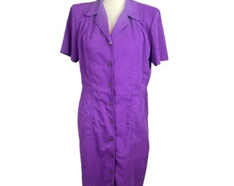 Vestido largo Melissa Harper talla 10 morado con botones y bolsillos. Elegante y sofisticado estilo vintage de los 80.