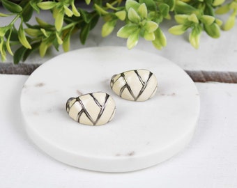 Cream and Silver Earrings 90s Vintage Clip On Earrings Statement Earrings