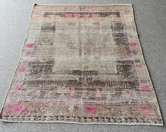 4.9 x 6.2 ft | Vintage rug, ~60 years old | Handwoven rug | Geometric and tribal design with taupe and bright pink colors