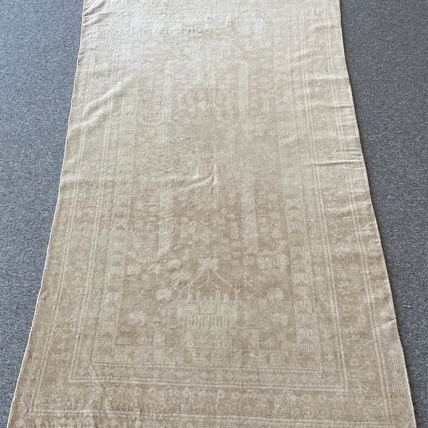 3.6 x 5.9 ft | Handmade Vintage rug, ~50 years old | 100% wool | Distressed, tribal design with neutral beige and cream colors