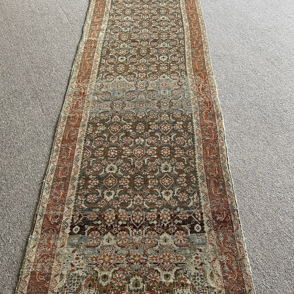 3.1 x 16.4 ft | Handmade Vintage long runner, ~70 years old | All over design with geometric patterns with red, gray, blue color palette