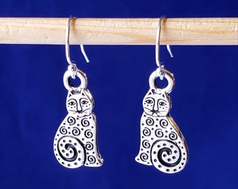 Kitty Earrings in Antique 925 Sterling Silver Plated Pewter Swirl Cat with Whiskers and 925 Sterling Silver Bali Hook Ear Wires & Ball Ends