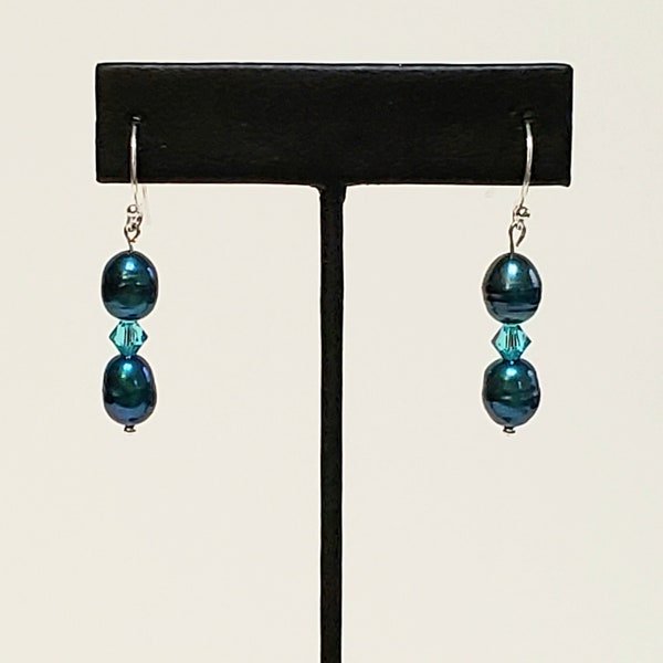 Teal Earrings with 2 Teal Color Cultured "Tahitian" Rice Pearls/Swarovski Faceted Crystal & 925 Sterling Silver Wires -Tahitian Pearl