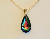Men 39 s Green Swarovski Pendant, or Necklace, in Crystal Moondrop Rainbow Color with 14K Gold Filled Cable Chain quot Luminous Moondrop quot -