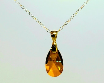 Topaz Pear Swarovski Crystal Pendant, Necklace with 14K Gold Filled Small Cable Chain, Gorgeous Leaf Bail and 14K Gold Filled Lobster Clasp