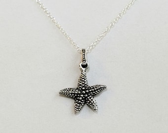 Men's Antique 925 Sterling Silver Plated Pewter Starfish Pendant or Necklace, Silver Bail, 925 Sterling Silver Oval Cable Chain with Lobster