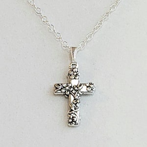 Antique Floral Cross Pendant, or Necklace, in 925 Sterling Silver Plated Pewter, 925 Sterling Silver Oval Cable Chain &  Lobster Claw Clasp