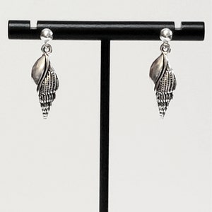 Silver Spindle Shell Earrings in Antique 925 Sterling Silver Plated Pewter & 925 Sterling Silver Posts/Studs with 4mm Ball Ends and Backs