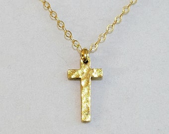 Hammered Gold Narrow Cross Pendant, or Necklace, in 24K Gold Plated Nickel-Free Pewter & 14K Gold Filled Flat Cable Chain with Lobster Clasp