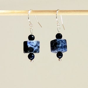 Lapis Lazuli and Sodalite Blue & White Beaded Gemstone Cube Earrings with 925 Sterling Silver Bali Hooks with Ball Ends