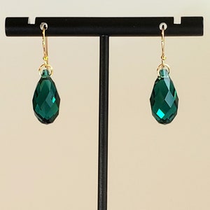 Emerald Green Faceted 17mm Teardrop Briolette Earrings by Crystal Passion's with 14K Gold Filled Shepherd's Hook Ear Wires with Ball Ends