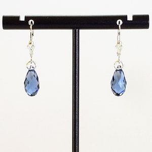 Blue Denim Earrings in Swarovski Faceted 13mm Teardrop Briolettes in Denim Blue with 925 Sterling Silver Fleur de Lis Lever Backs