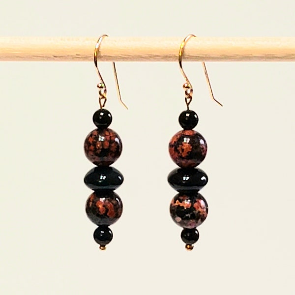 Mexican Red Snowflake Jasper, Black Agate Beaded Gemstone Earrings with 14K Gold Filled Bali Hook Wires and Ball Ends- See Set, Bracelet