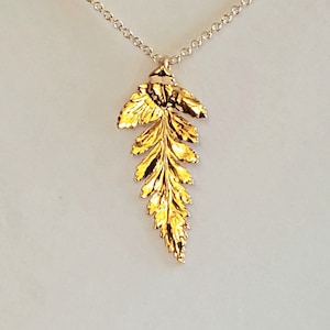 Gold Plated Hammered Fern Leaf Pendant, Necklace  with Self-Bail (hanger) and 14K Gold Filled Cable Chain with Lobster Clasp Included