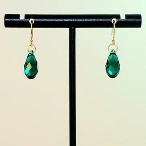 Emerald Green Faceted 13mm Teardrop Briolette Earrings by Crystal Passion's with 14K Gold Filled Bali Hook Ear Wires with Ball Ends