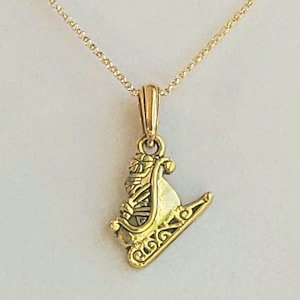 Santa&#39;s Gold Sleigh Pendant in 14K Gold Plated Pewter with Antique Gold Bail and 14K Gold Filled Rolo Chain, Lobster Clasp