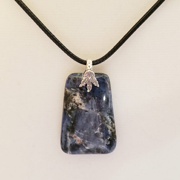 Sodalite Pendant, Necklace in Trapezoid Shape, 925 Sterling Silver Leaf Bail and Black Leatherette Necklace -Last One!