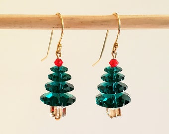 Emerald Green Christmas Earrings in Swarovski Faceted Crystals, Red Tree Top, Gold Crystal Cube Base & 14K Gold Filled Hook Ear Wires