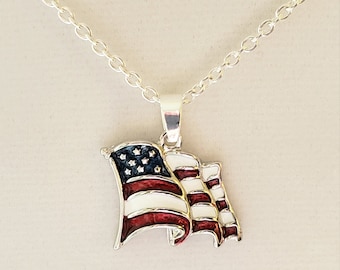 American Flag Pendant, Necklace in Silver Trimmed Plated Pewter & Enamel with 925 Sterling Silver Cable Chain, Sterling Lobster Clasp