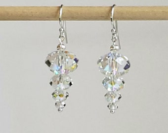 Swarovski White AB Faceted Crystal Briolette Earrings with 925 Sterling Silver Corrugated Beads & 925 Sterling Bali Hooks "Ice Castle"