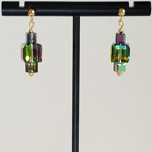 Rainbow Faceted Crystal Cube Earrings in Swarovski Vitrail (Multi Color) with 14K Gold Filled Posts or Studs with 3mm Ball Ends and Backs