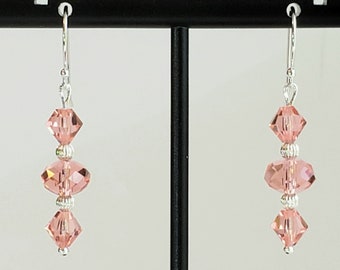 Pink Earrings in Swarovski Faceted Crystal Briolettes/Bicones in Rose Peach with 925 Sterling Silver Hook Ear Wires "Pink Princess"