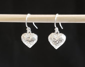 Bright Silver Plated Filigree Puff Heart Drop Earrings in Floral Motif with 925 Sterling Silver Bali Hook Ear Wires with Ball Ends