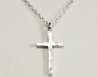 Men's Hammered Silver Cross Pendant, or Necklace in Antique Silver Plated Nickel-Free Pewter with 925 Sterling Silver Oval Rolo Chain