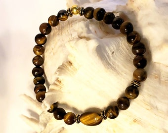 Tiger's Eye Round Beaded Gemstones Stretch Bracelet with 6mm Tiger's Eye and Center Oval with Antique 14K Gold Plated Coiled Heishi Beads