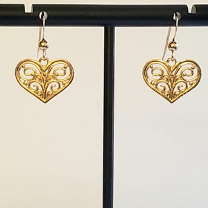 Gold Filigree Heart Earrings in Gold Plated Brass Open Cut-Out Design with 14K Gold Filled French Hook Ear Wires with 2mm Balls Ends