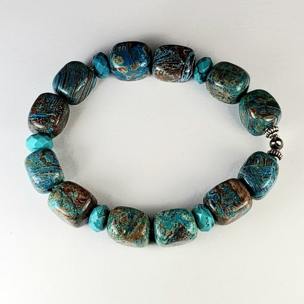 Men's Blue Sky Montana Beaded Gemstone Stretch Bracelet in Blue Sky Jasper Cubes, Real Turquoise Faceted Roundels, Antique Silver Heishi's