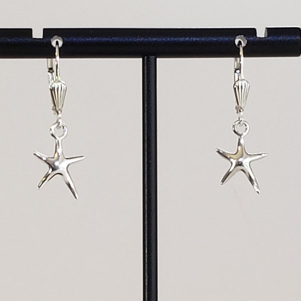 Bright Shiny 925 Sterling Silver Starfish Earrings with 925 Sterling Silver Lever Backs with Designer Seashell Detailing & Latches