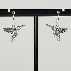 Hummingbird Earrings in Antique 925 Sterling Silver Plated Pewter with 925 Sterling Silver Bali Hook Ear Wires with Ball Ends