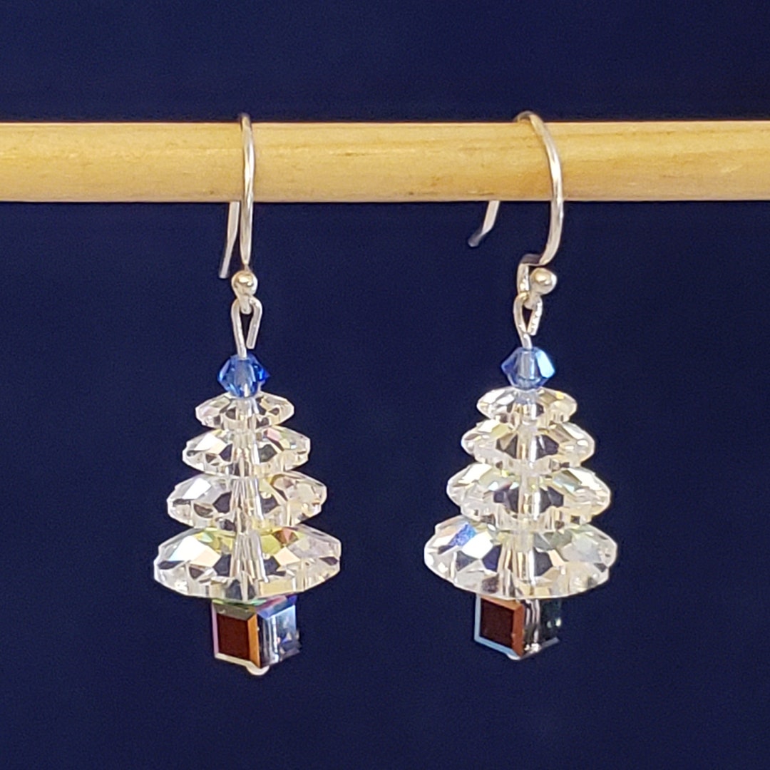 Christmas Tree Earrings in White Swarovski Crystals, Blue Top, Cube ...