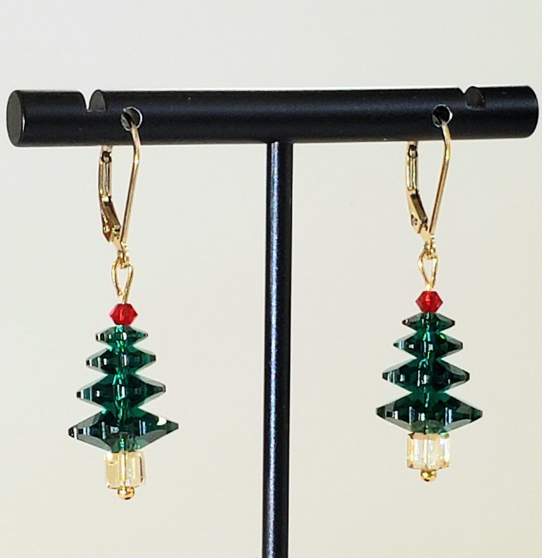 Emerald Green Christmas Tree Earrings in Swarovski Faceted Marguerita
