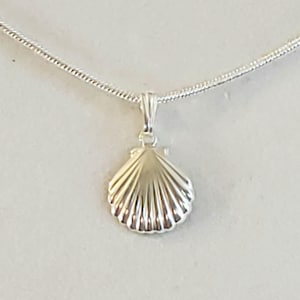 May include: A silver seashell pendant hangs from a delicate silver chain. The pendant is a detailed replica of a scallop shell, with ribbed detailing. The necklace is displayed against a neutral background.