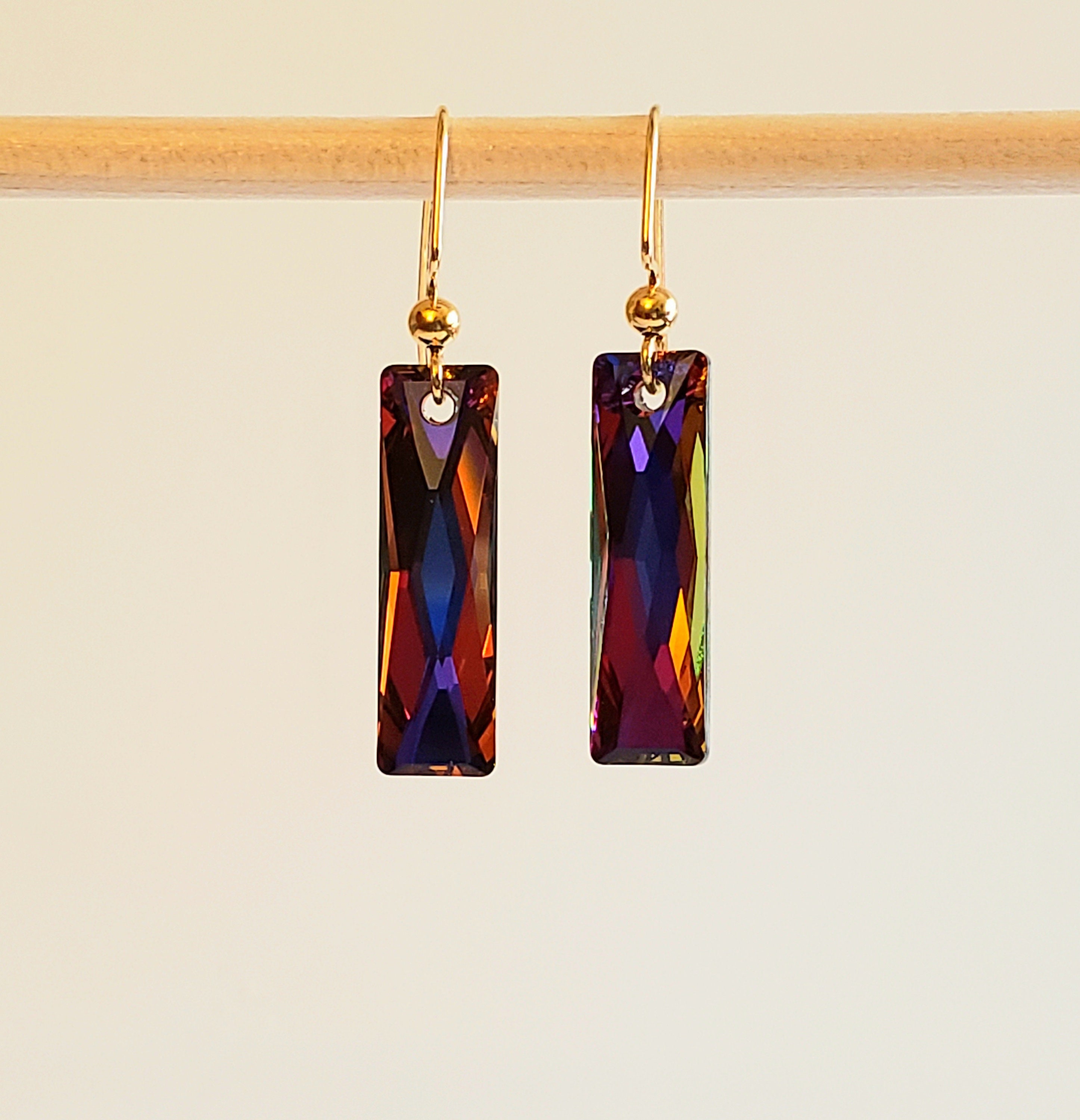 Rainbow Earrings in Swarovski Faceted Volcano Baguette | Etsy