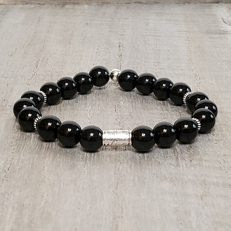 Toggle Clasp Black Agate White Quartz Beaded Gemstone Necklace with Antique 925 Sterling Silver Bead End Caps Black and White Ball
