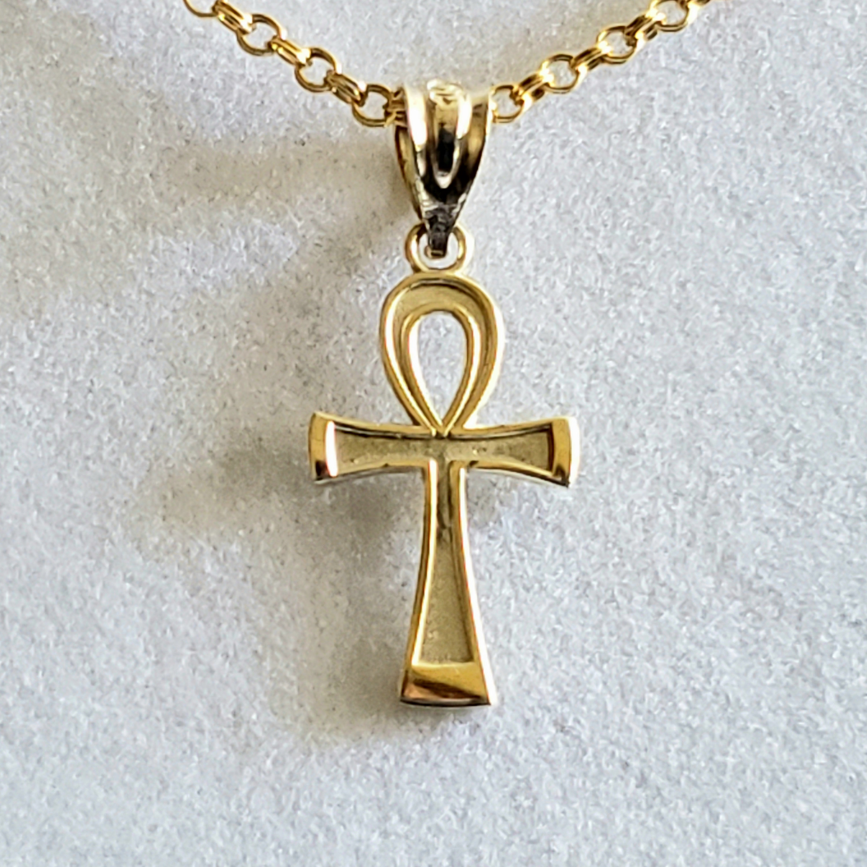 Ankh 10K Gold Egyptian Cross Pendant, Necklace With 14K Gold